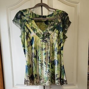 Apt. 9 Green and Yellow Pleated Embellished Blouse